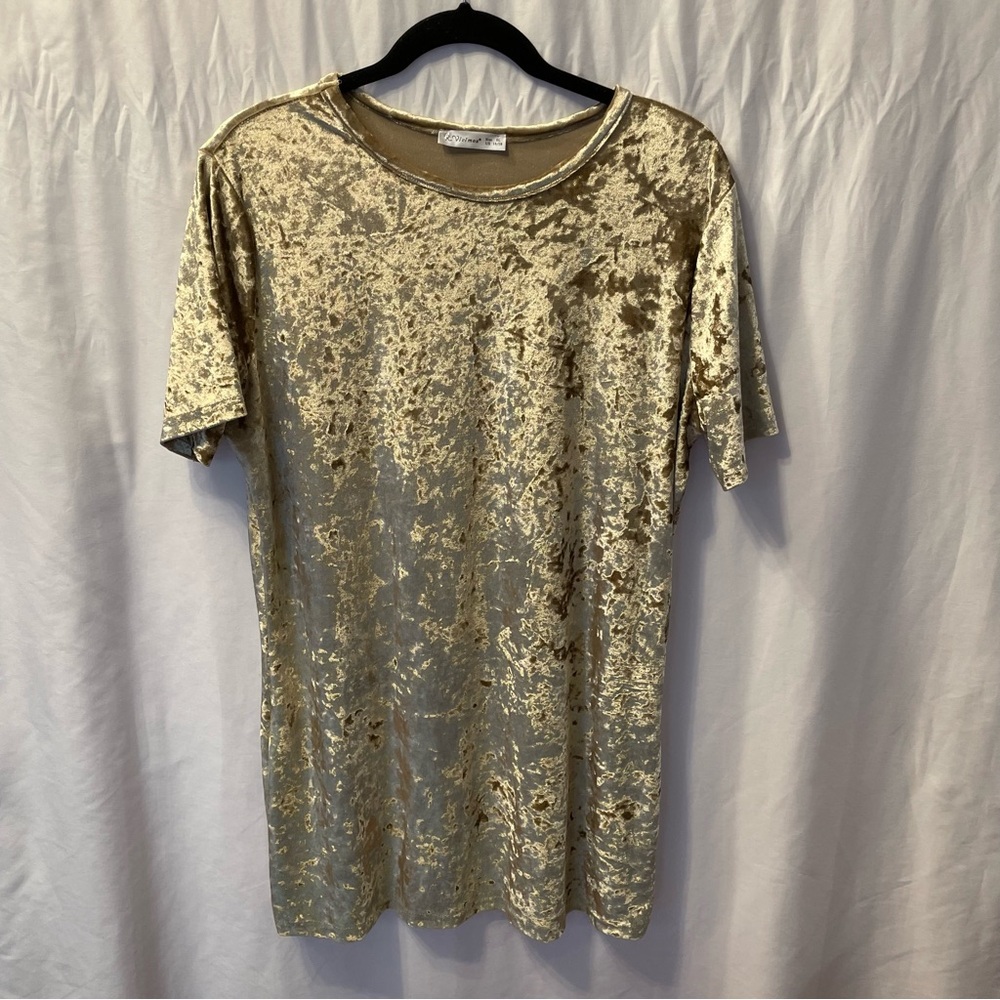Crushed Velvet Gold T-Shirt Dress Stretchy XL Rave Homecoming Shabby Chic Metal
